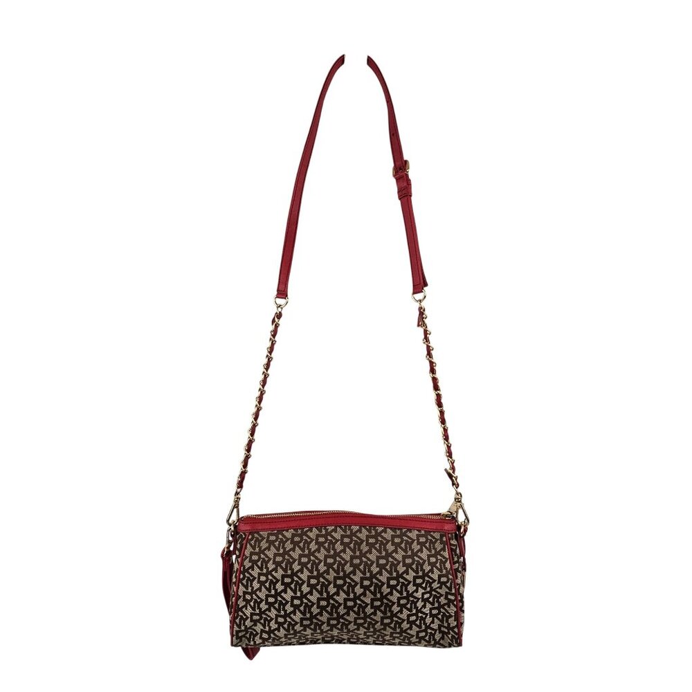 DKNY Signature Logo Crossbody Bag Clutch Purse Red Accents Chain Strap Pockets